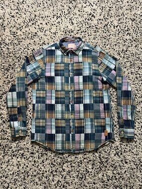Scotch & Soda Men’s Patchwork Flannel Relaxed Fit Shirt Blue Pink Size Medium